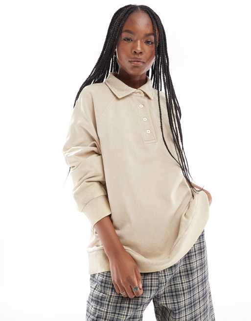 ASOS DESIGN – Beige, stentvättad, kraftig sweatshirt med krage