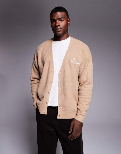 ASOS DESIGN – Beige, stickad kofta i oversized fit med v-ringning och broderi - view 1