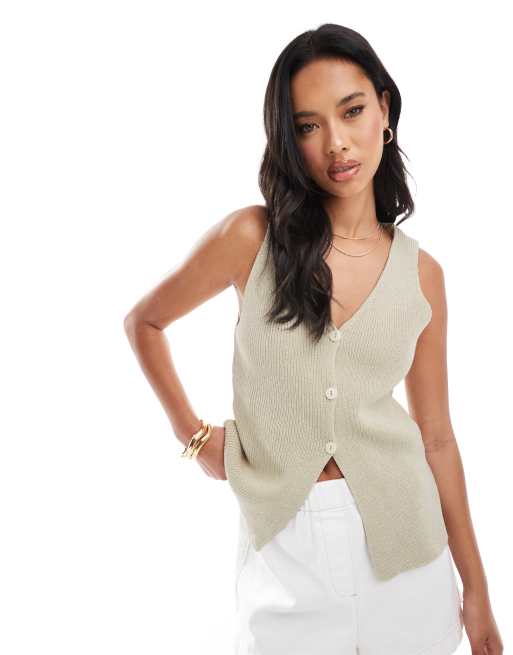 ASOS DESIGN – Beige, stickad kostymväst i lång modell med v-ringning