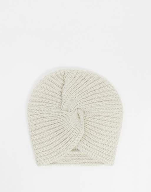 ASOS DESIGN – Beige, stickad mössa med snurrad knut framtill