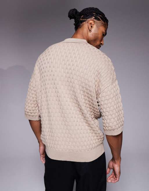 ASOS DESIGN – Beige, stickad pikétröja med avslappnad och 3/4-långa ärmar, 3 av 5
