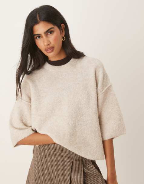 ASOS DESIGN – Beige, stickad t-shirt i bouclé med korta ärmar - view 1