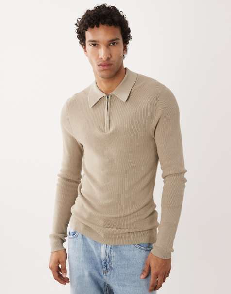 ASOS DESIGN – Beige, stickad topp i muscle fit med långa ärmar och halvlång dragkedja - view 1