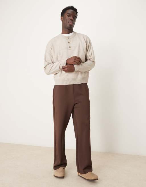 ASOS DESIGN – Beige, stickad tröja i oversize med boxig passform och henleykrage, 3 av 4