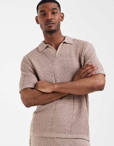 ASOS DESIGN - Beige strikket afslappet polo med korte ærmer og hakudskæring i halsen - Del af sæt - view 1