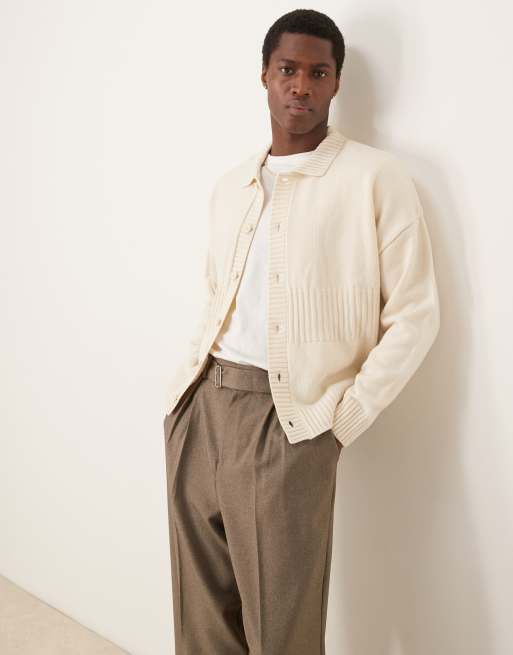 ASOS DESIGN - Beige-strikket cardigan med oversized firkantet pasform og stribede og ribstrikkede detaljer