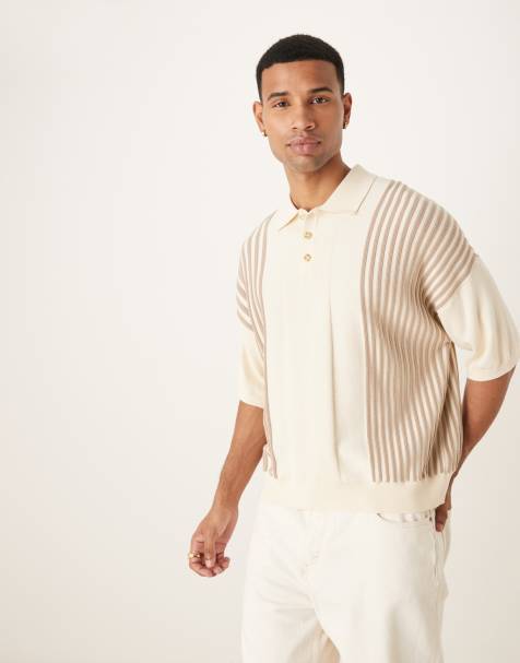 ASOS DESIGN - Beige strikket oversized polo med kontrasterende striber i firkantet pasform - view 1