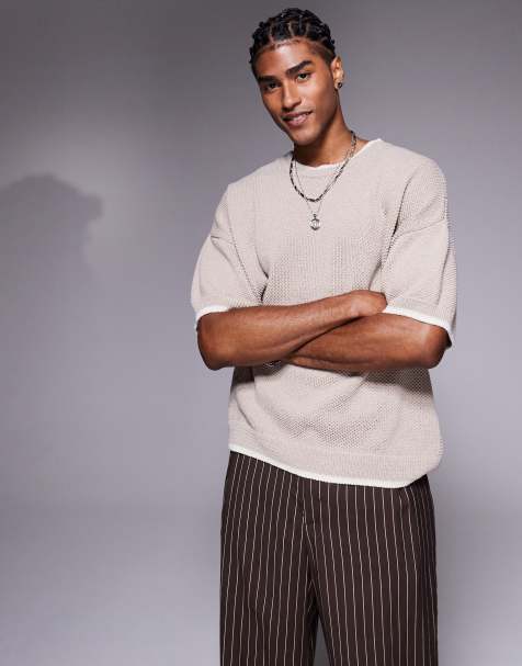 ASOS DESIGN - Beige strikket oversized T-shirt med rund hals i piqué i firkantet pasform - view 1