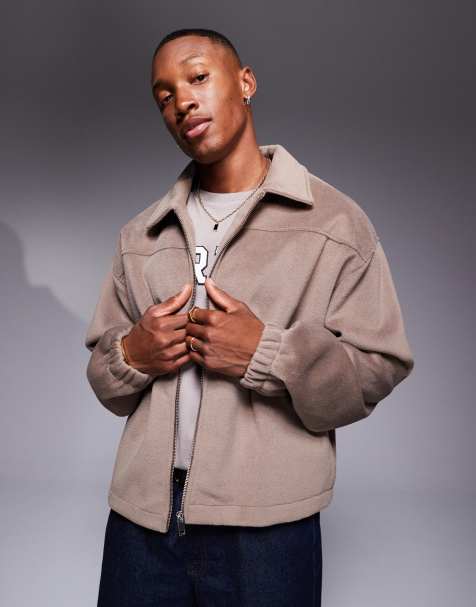 ASOS DESIGN – Beige, strukturerad skjortjacka i oversize, Harrington-stil och fleece med boxig passform - view 1