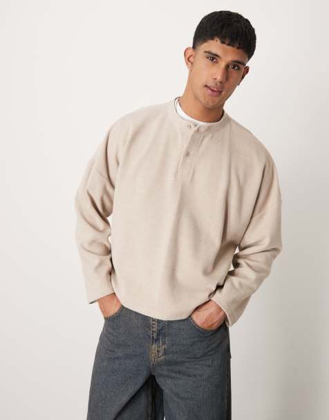 ASOS DESIGN - Beige super-oversized cropped henley-trøje i kraftig ribstrik - view 1
