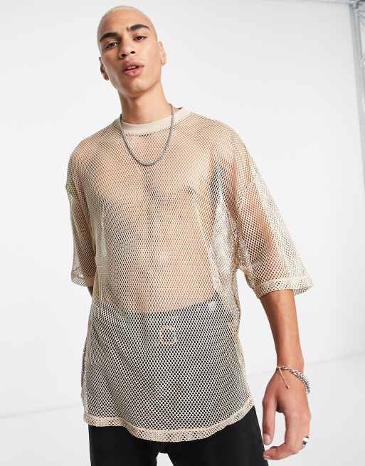 ASOS DESIGN – Beige t-shirt i mesh och oversize