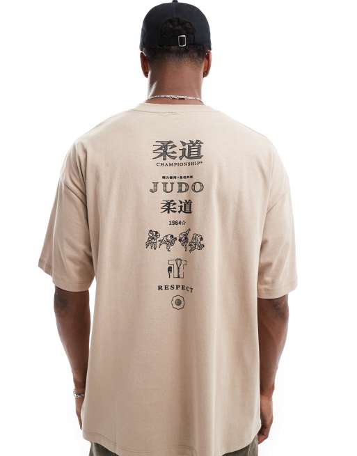 ASOS DESIGN – Beige t-shirt i oversize med tryck längs ryggraden