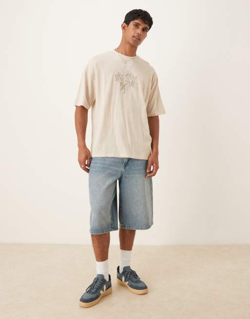 ASOS DESIGN – Beige t-shirt i oversize och linnemix med blombroderi, 2 av 4