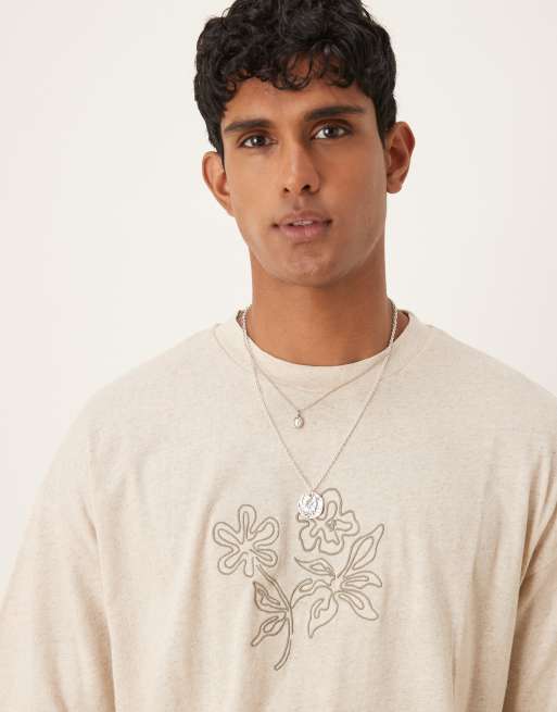 ASOS DESIGN – Beige t-shirt i oversize och linnemix med blombroderi, 4 av 4