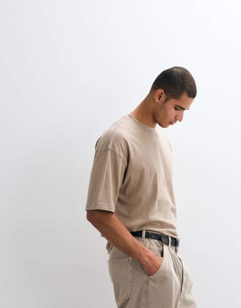 ASOS DESIGN – Beige t-shirt i oversize och linnemix med boxig passform - view 1