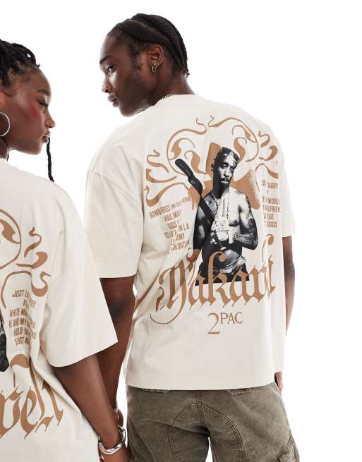 ASOS DESIGN – Beige t-shirt i unisex-modell och oversize med licenserat Tupac-tryck, 2 av 4