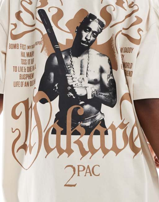 ASOS DESIGN – Beige t-shirt i unisex-modell och oversize med licenserat Tupac-tryck, 3 av 4