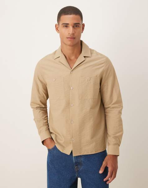 ASOS DESIGN – Beige, texturerad skjorta med platt krage och dubbla fickor - view 1