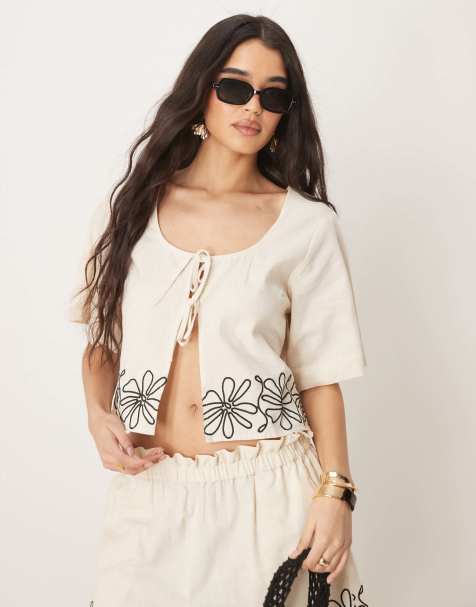 ASOS DESIGN – Beige topp med broderi och knytning framtill, del av set - view 1