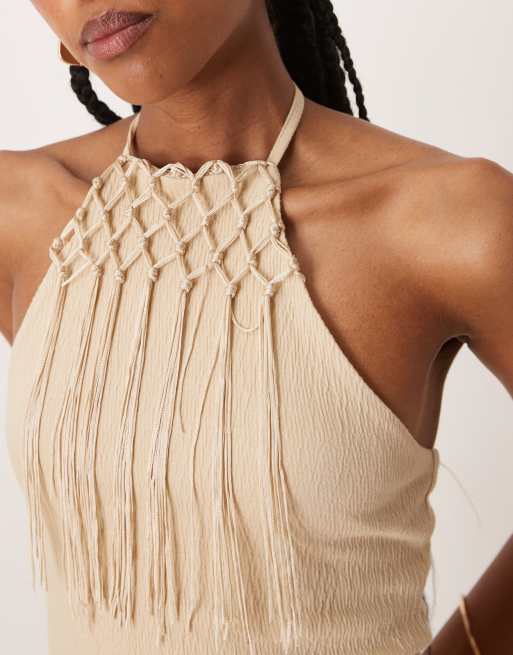 ASOS DESIGN – Beige topp med halterneck och fransar, del av set, 4 av 4
