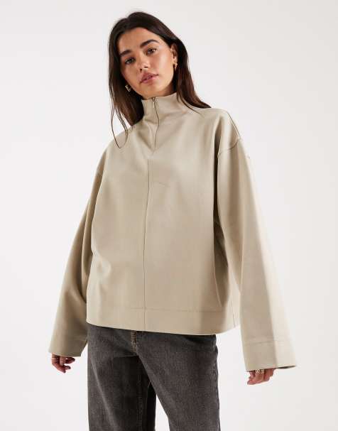 ASOS DESIGN – Beige topp med hög krage, långa ärmar och dragkedja - view 1