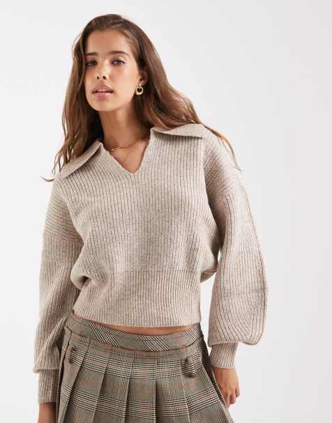 ASOS DESIGN - Beige trøje i fisker-ribstrik med krave og taljedetalje - view 1