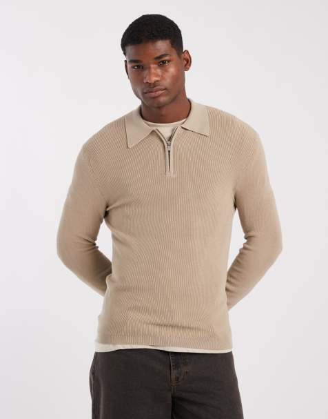 ASOS DESIGN - Beige tætsiddende og langærmet T-shirt i strik med kort lynlås - view 1