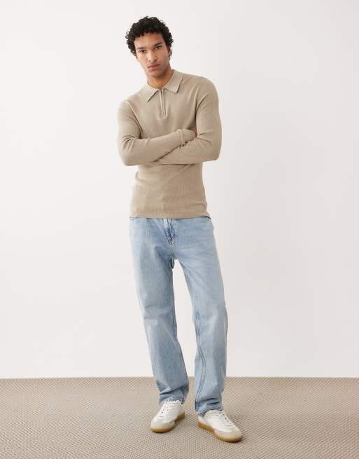 ASOS DESIGN - Beige tætsiddende strikket overdel med halv lynlås og lange ærmer, 2 af 5