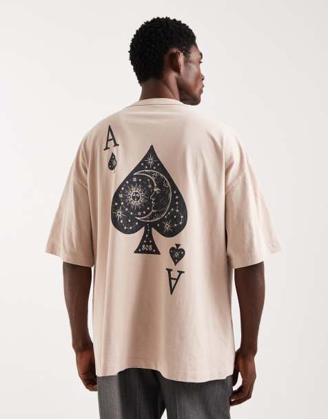 ASOS DESIGN – Beige, tvättad, kraftig t-shirt i oversize med Aces of Spades-tryck - view 1