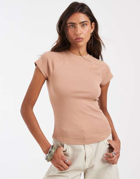 ASOS DESIGN – Beige, tvättad t-shirt i krympt design med raglanärmar - view 1