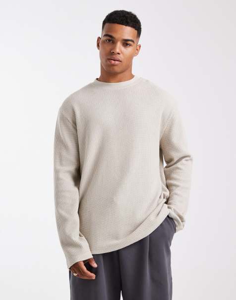 ASOS DESIGN – Beige, våfflad, kraftig, avslappnad t-shirt med långa ärmar - view 1