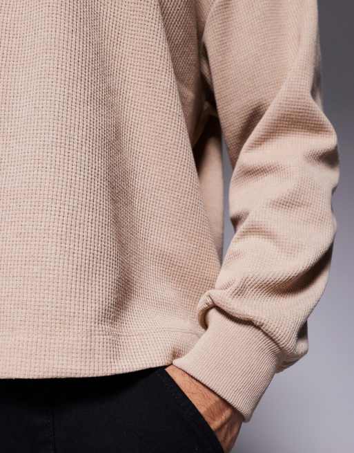 ASOS DESIGN – Beige, våfflad t-shirt med boxig oversize-passform och långa ärmar, 2 av 4