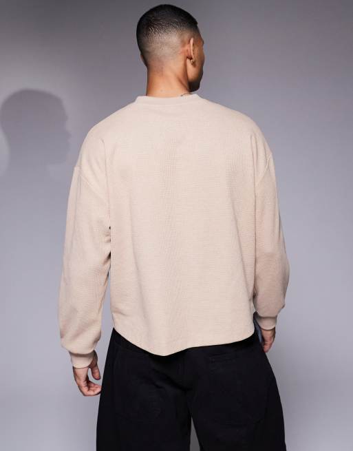 ASOS DESIGN – Beige, våfflad t-shirt med boxig oversize-passform och långa ärmar, 4 av 4