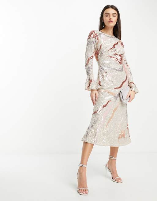 ASOS DESIGN – Beige, vågmönstrad, paljettutsmyckad midiklänning med utsvängda ärmar