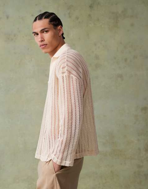 ASOS DESIGN – Beige, virkad pikétröja i oversize med sänkt axelsöm - view 1