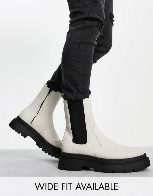 ASOS DESIGN – Beigefärgade krokodilskinnsmönstrade chelseaboots med grov sula