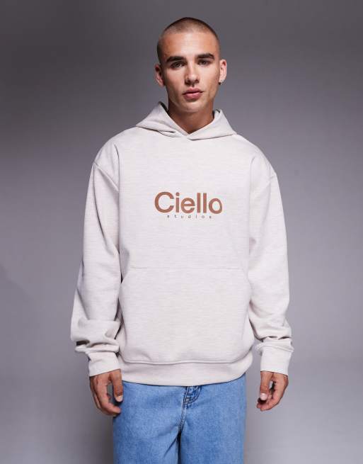 ASOS DESIGN – Beigemelerad huvtröja i scubatyg och oversize med tryck på bröstet