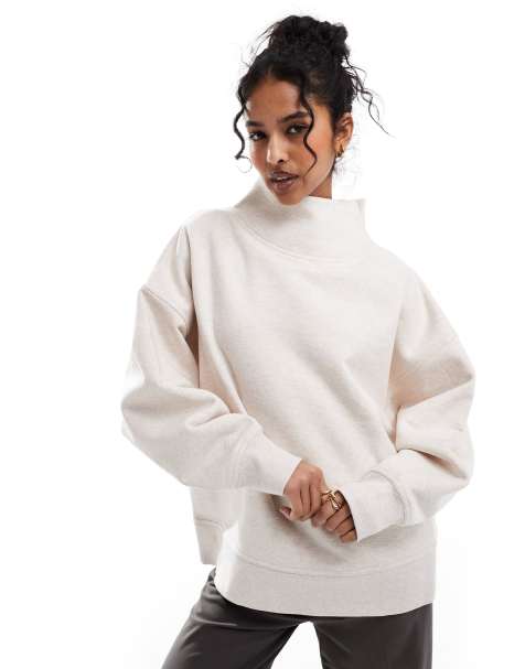 ASOS DESIGN – Beigemelerad, kraftig sweatshirt med hög krage - view 1