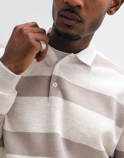 ASOS DESIGN – Beigemelerad, randig, avslappnad sweatshirt i rugbystil med pikékrage, 3 av 5