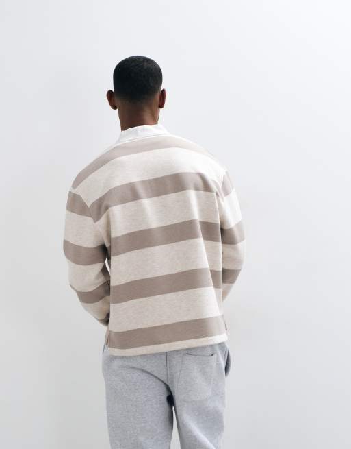 ASOS DESIGN – Beigemelerad, randig, avslappnad sweatshirt i rugbystil med pikékrage, 4 av 5