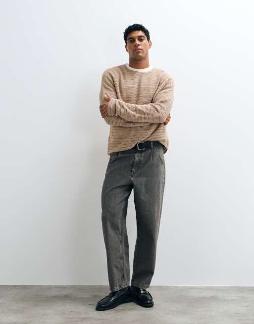 ASOS DESIGN – Beigemelerad, ribbstickad t-shirt i oversized fit med långa ärmar, 3 av 5