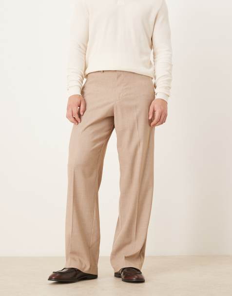 ASOS DESIGN – Beigemelerade finbyxor med vida ben och veck framtill - view 1