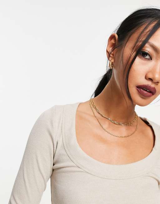 ASOS DESIGN - Beigemeleret, langærmet og ribstrikket top med dyb rund hals, 2 af 4