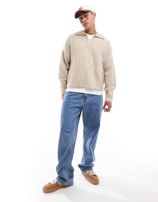 ASOS DESIGN - Beigemeleret og oversized trøje med hakudskæring i halsen i ribstrik, 4 af 4