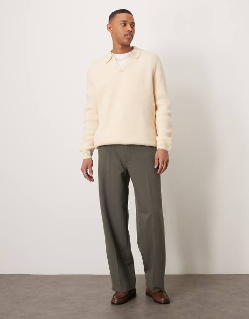 ASOS DESIGN - Beigemeleret oversized polo med hakudskæring i halsen i børstet strik, 2 af 4