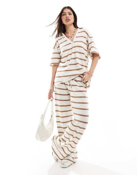 ASOS DESIGN – Beigerandiga byxor med stickad look, del av set - view 1