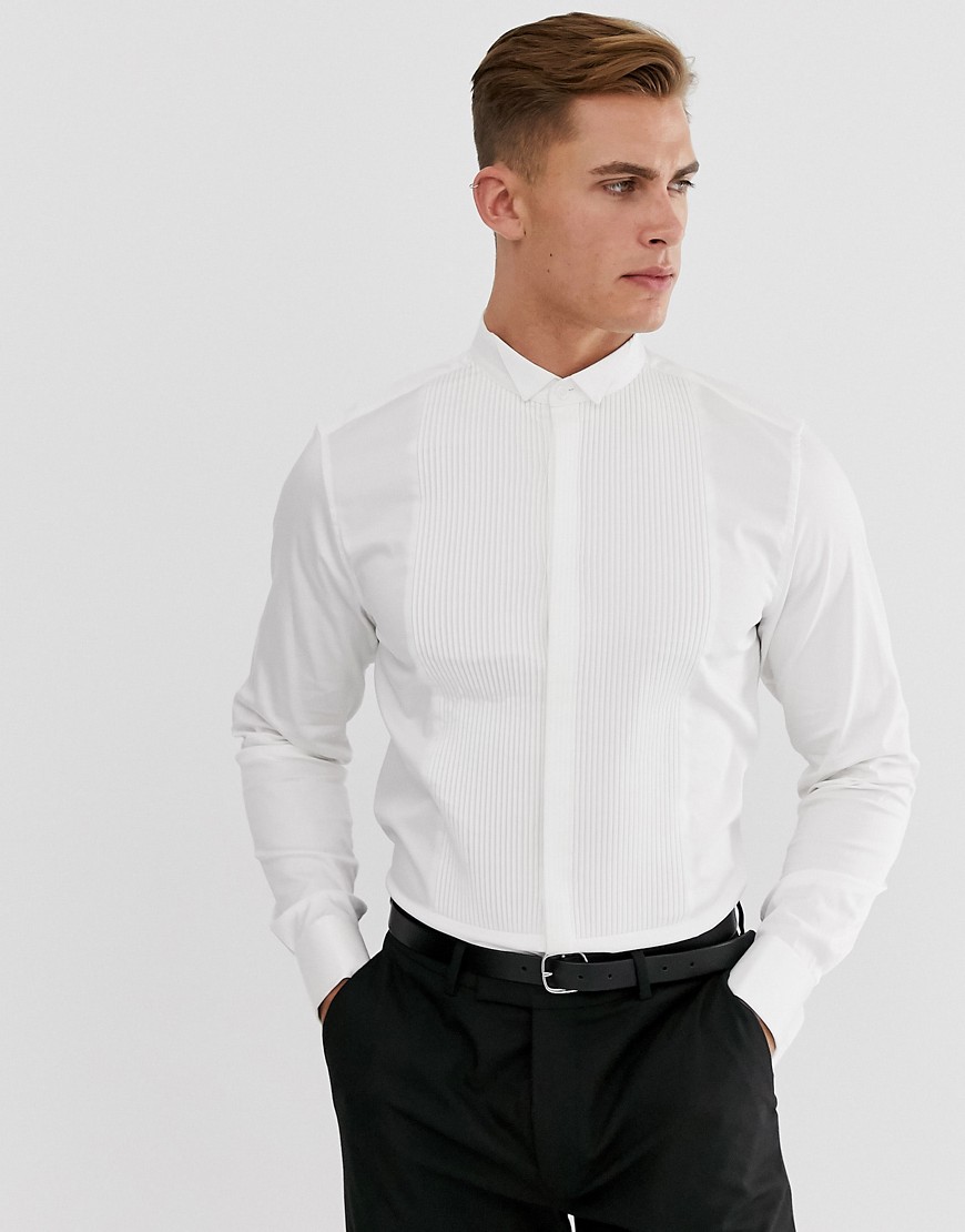 ASOS DESIGN BEIGHTON slim sateen shirt with pleated front bib & wing collar-White