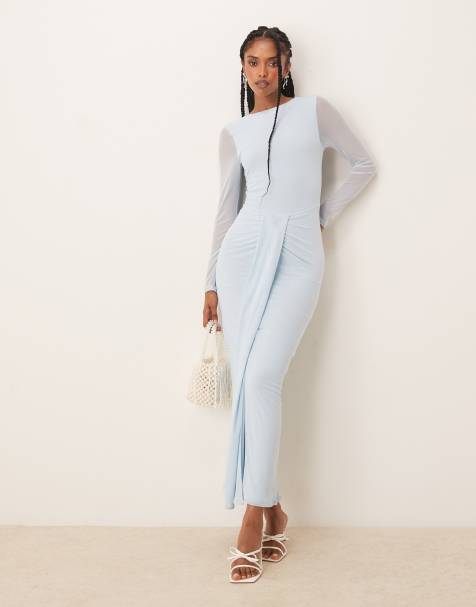ASOS DESIGN – Błękitna sukienka maxi z prostym dekoltem, długimi siateczkowymi rękawami, odkrytymi plecami i szarfą - view 1