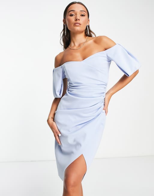 ASOS DESIGN – Błękitna sukienka midi z odsłoniętymi ramionami, kopertowymi rękawami z zakładkami i dekoltem bardot w kształcie serca