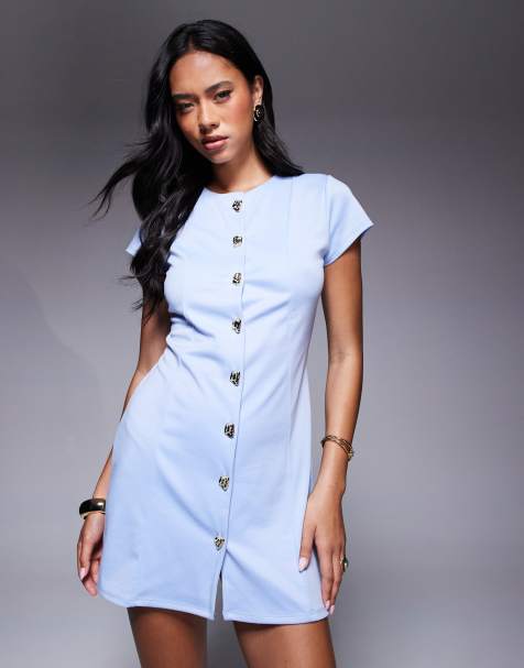 ASOS DESIGN – Błękitna sukienka mini z krótkimi rękawami i guzikami - view 1